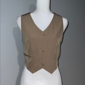 Sincerely Jules Taupe V-Neck Button Front Crop Vest